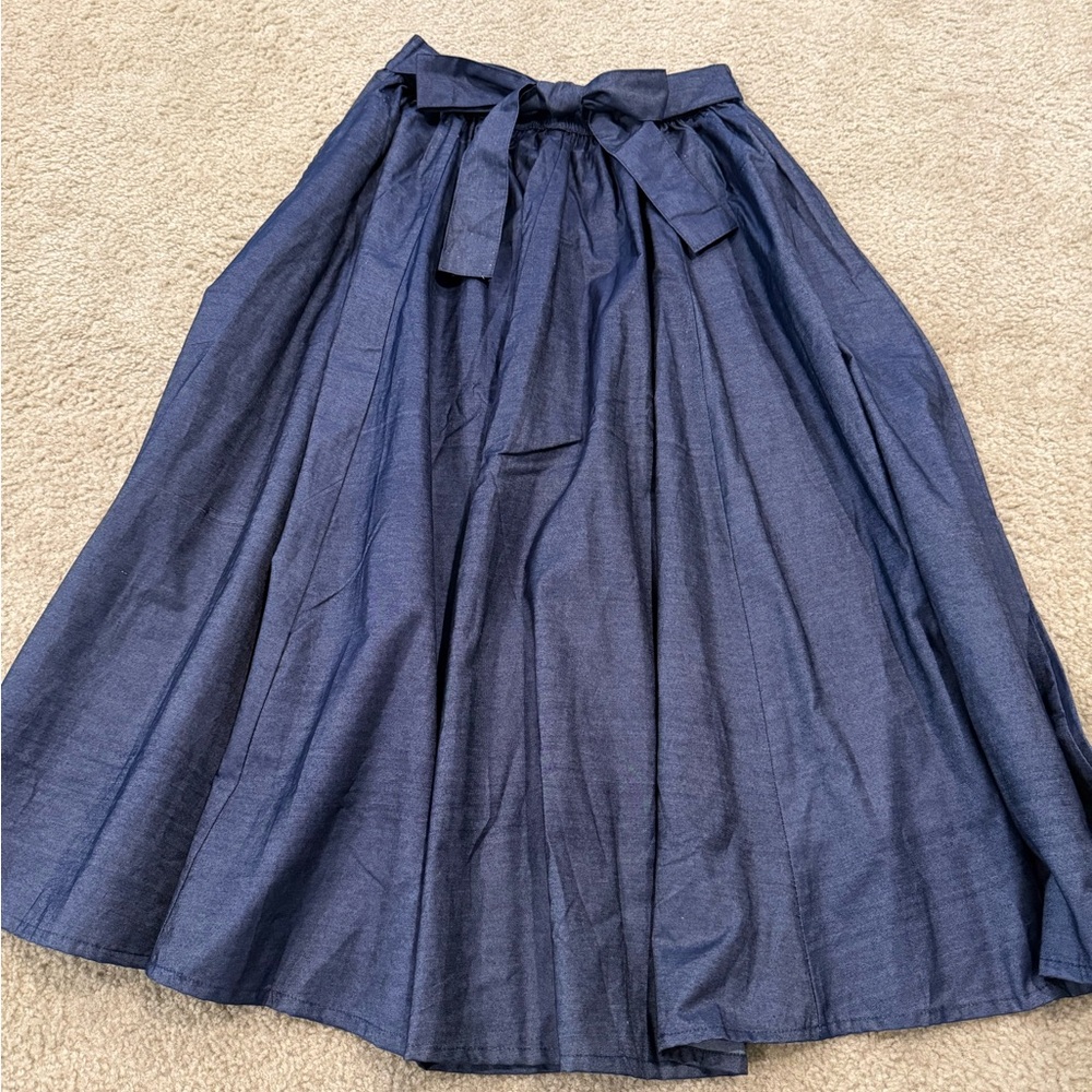 Women’s Navy Blue A-Line Midi Skirt with Waist Tie